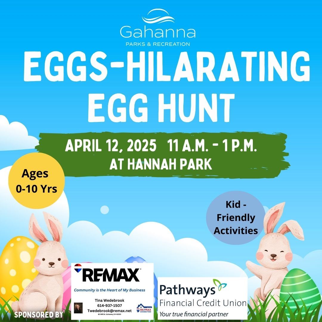 Blue sky graphic with grass, bunnies and easter eggs on it. Titled 