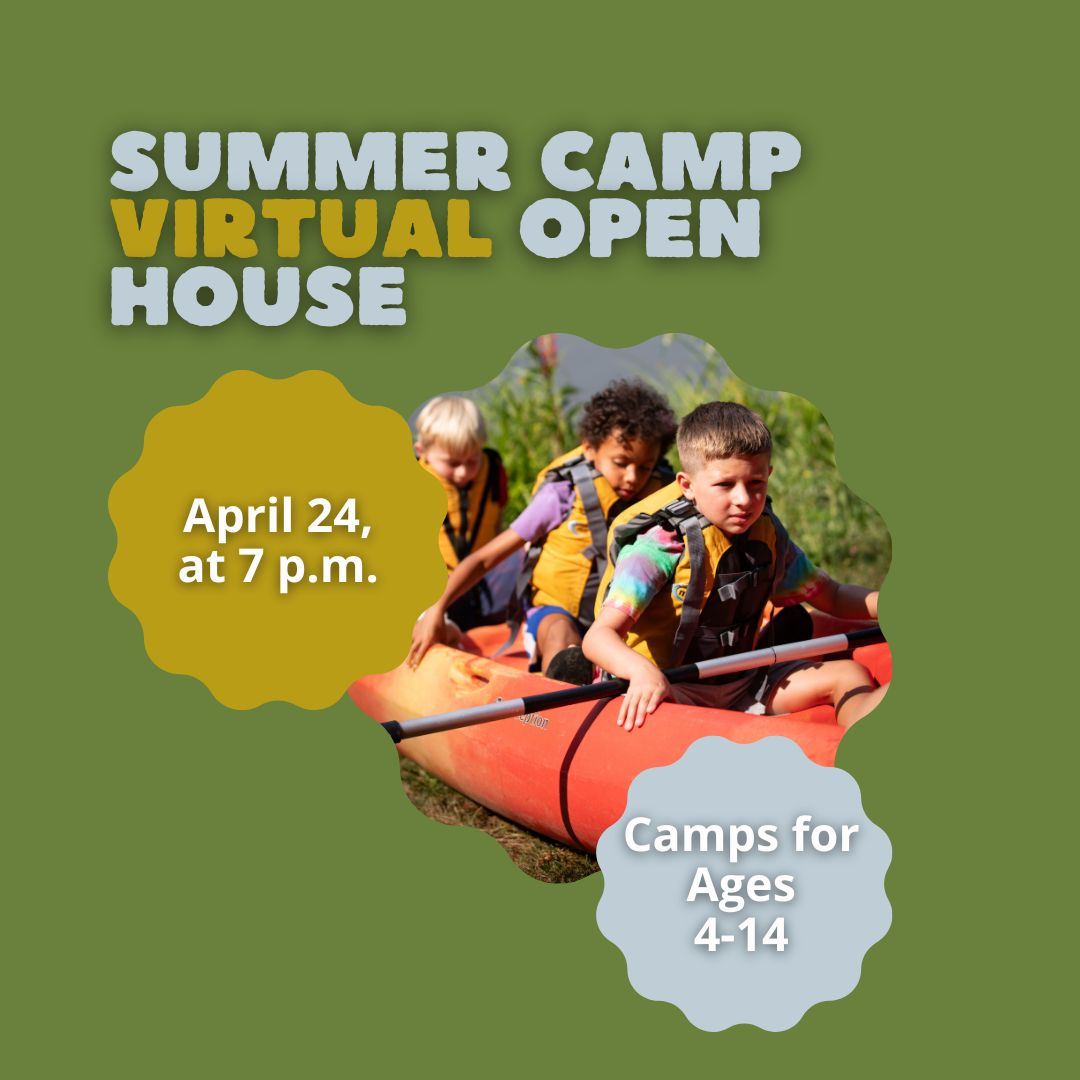 Green background with three bubbles and the text Summer Camp Virtual Open House