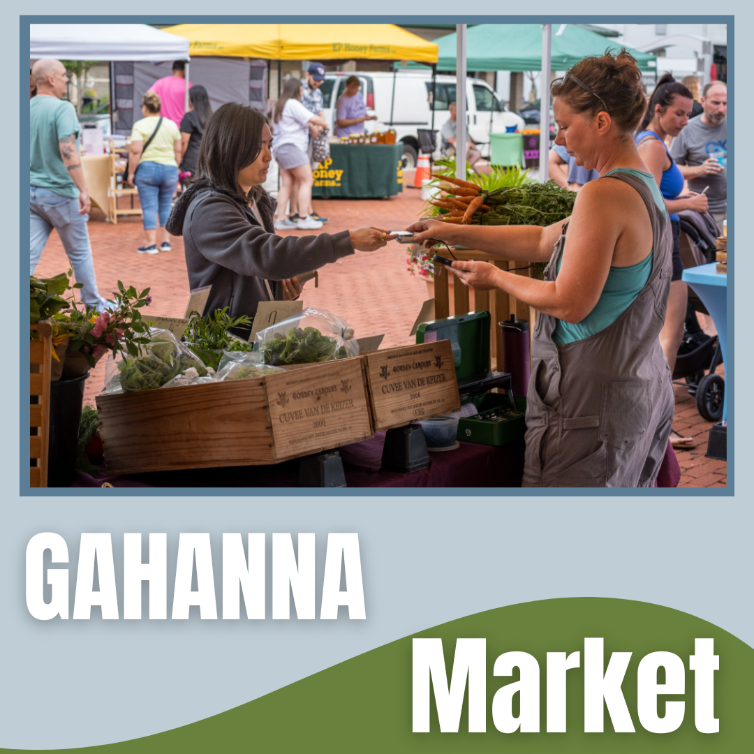 Graphic with text "Gahanna Market" and a photo of a resident making a purchase with a produce 