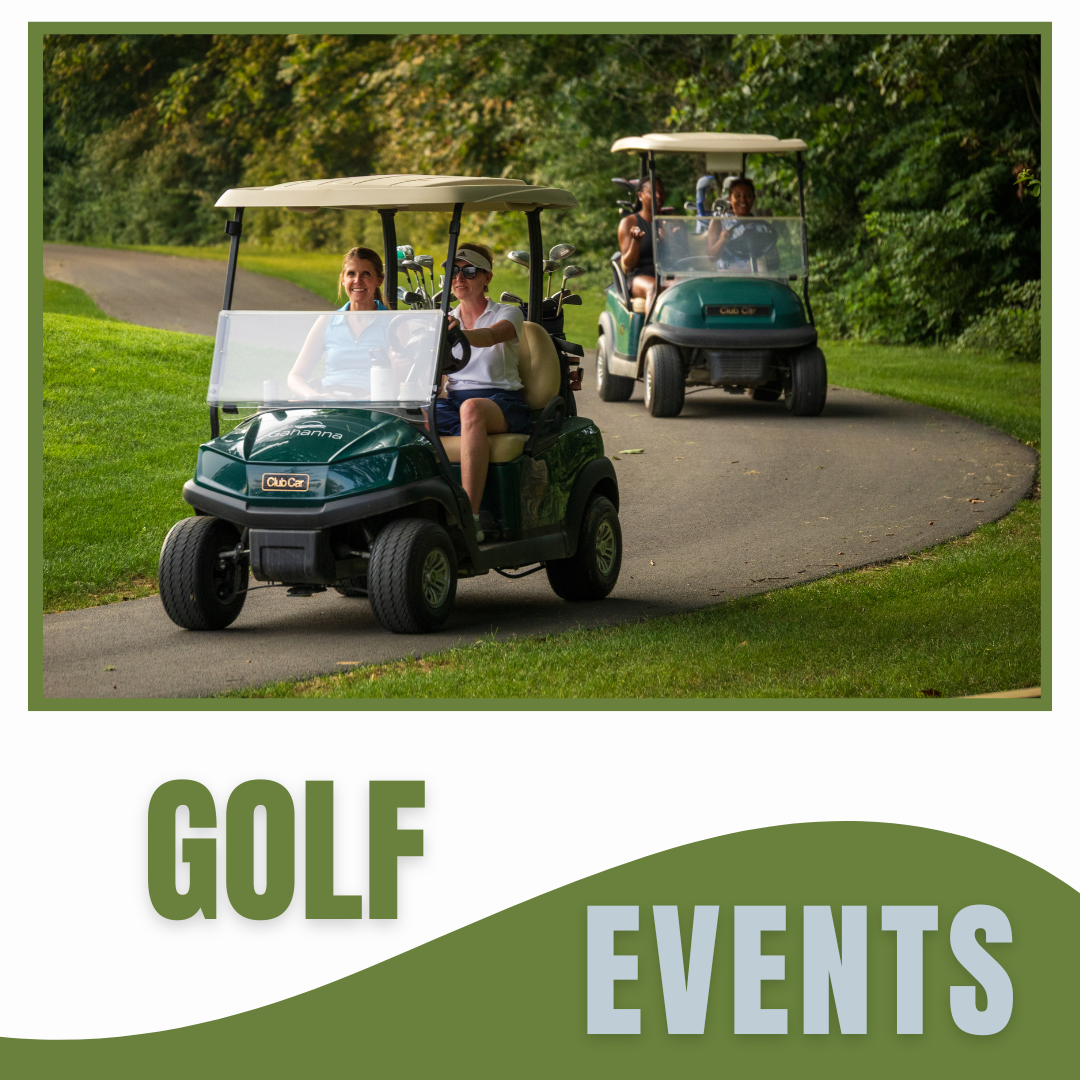Graphic with text "Golf Events" and a photo of four women riding in carts along the course