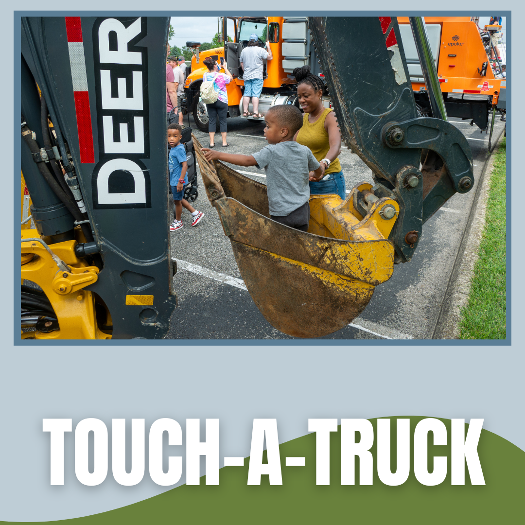 Image of a mom with her son in a bucket truck and text "Touch a Truck"