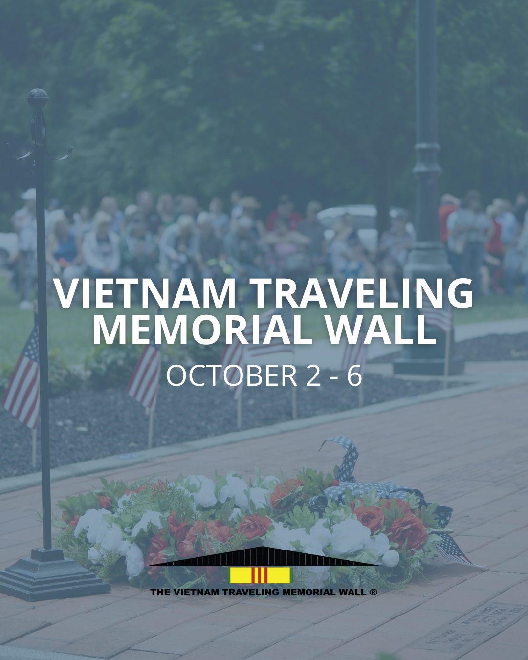 Blue photo of the Veteran's Memorial Park with white text 