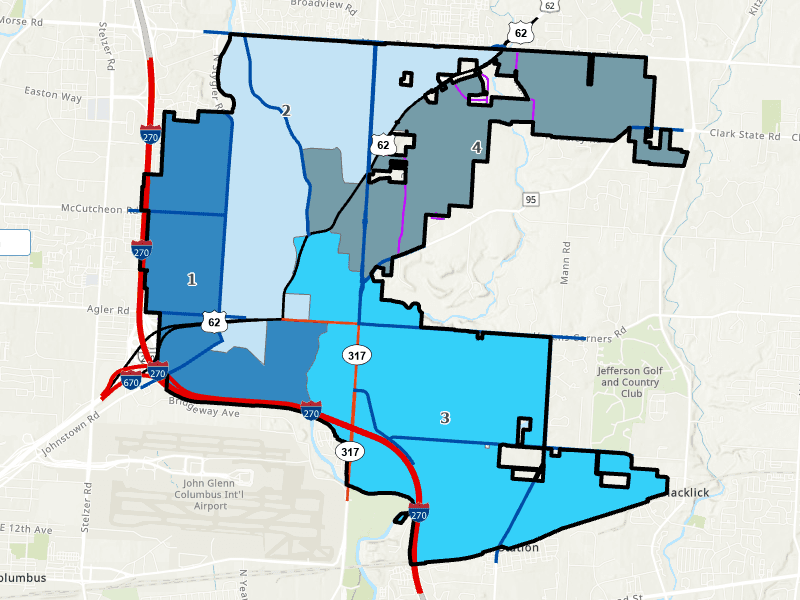 A screenshot of the Gahanna GIS map displaying the location of the Council Members' wards. Opens in new window