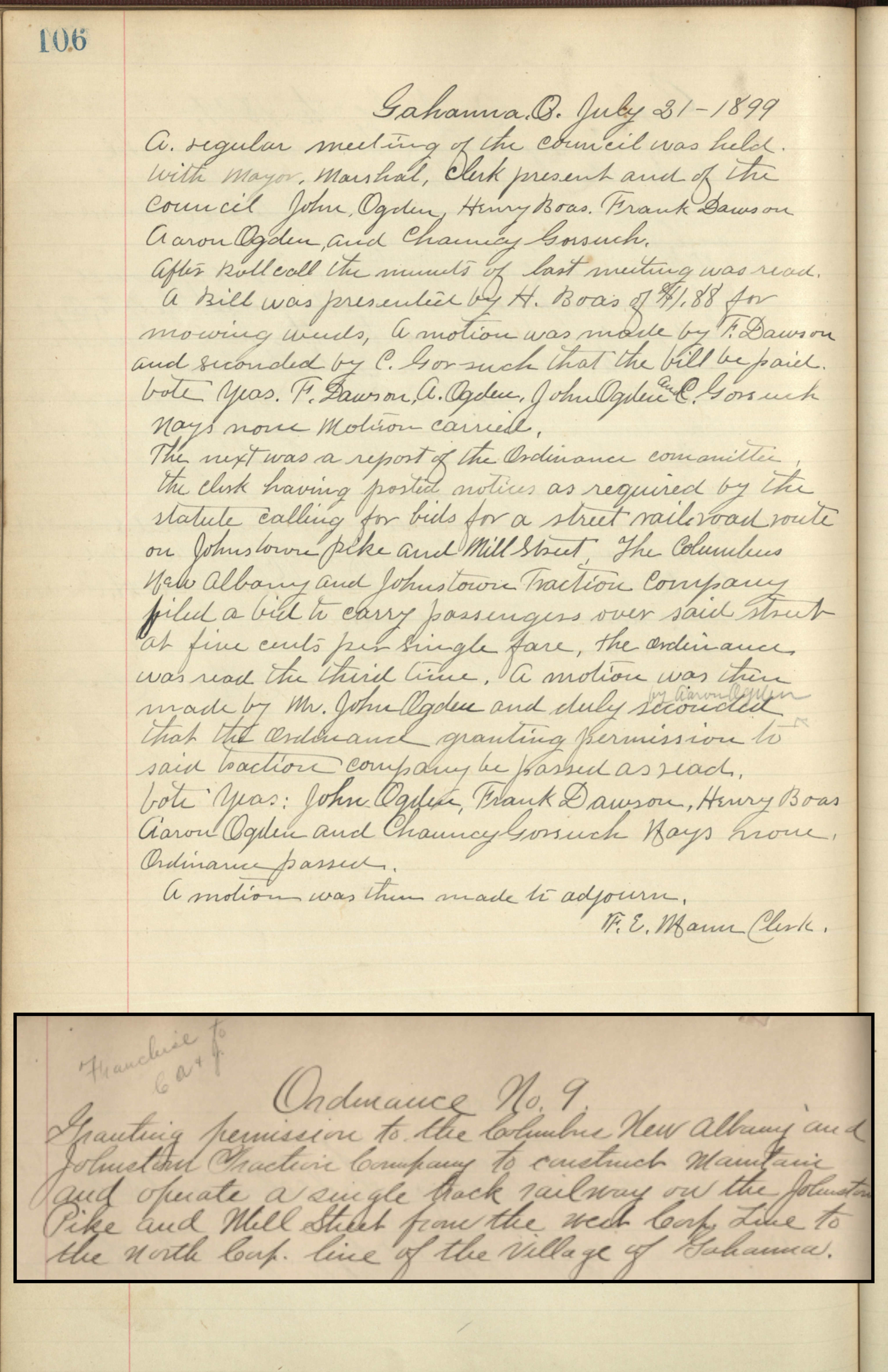 Digitized handwritten ordinance and minutes.