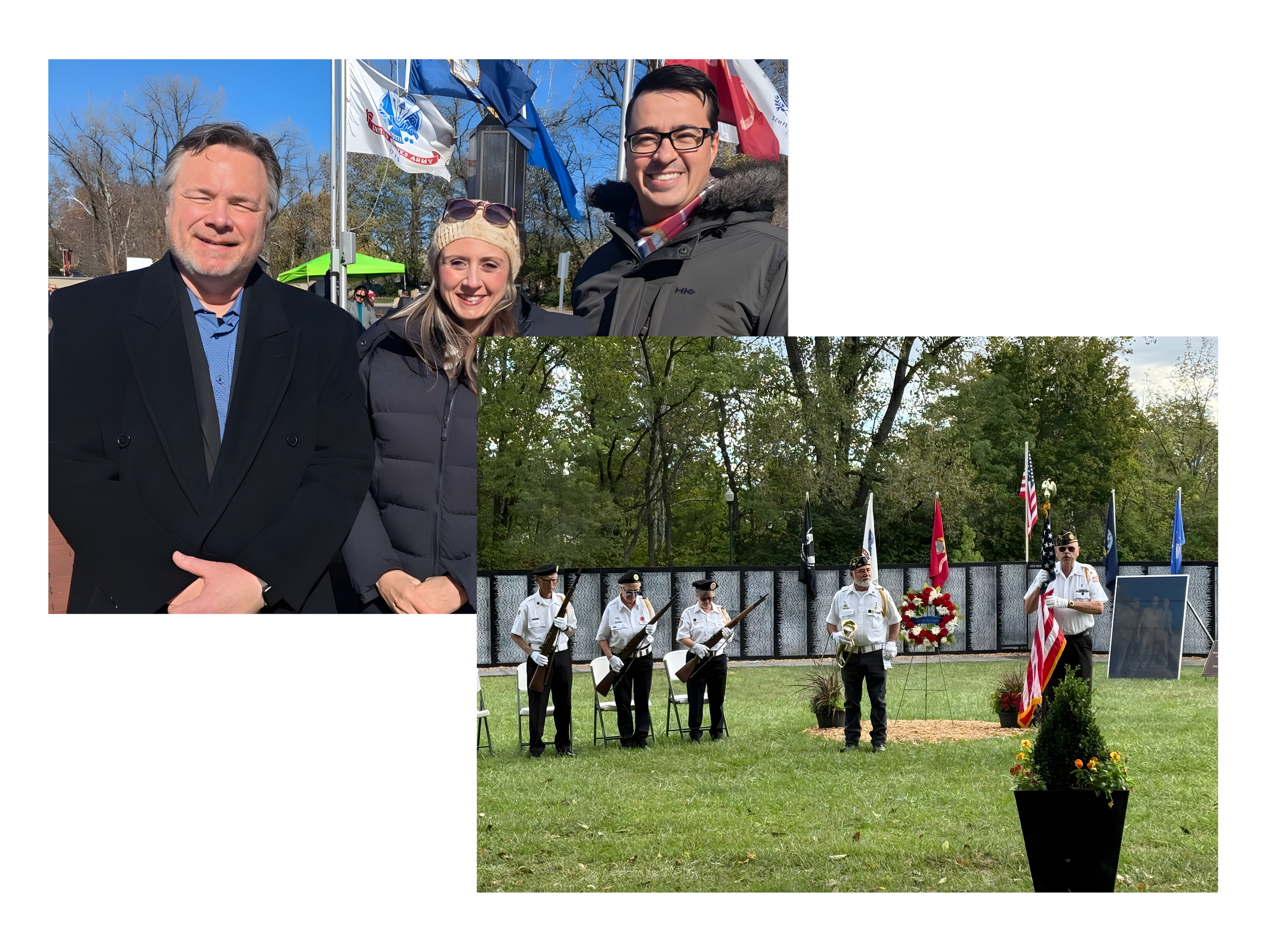 One rectangle features three Councilmembers smiling toward the viewer, attending Veteran's Day se